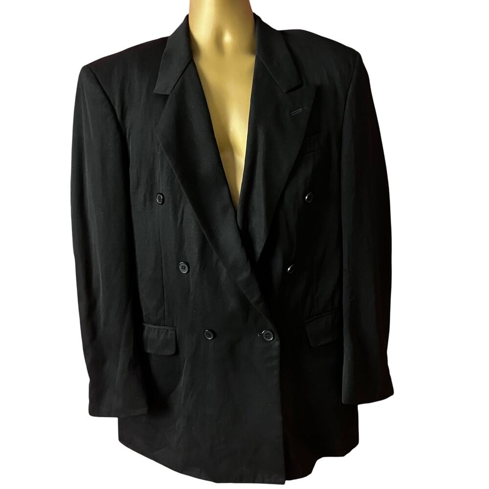 Vintage Black Wool Double Breasted Blazer Mens 42R 44R Classic Tailored Coat